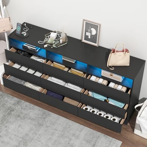 Gyfimoie 63" Black 9-Drawer Dresser for Bedroom w/Power Outlet, LED Light