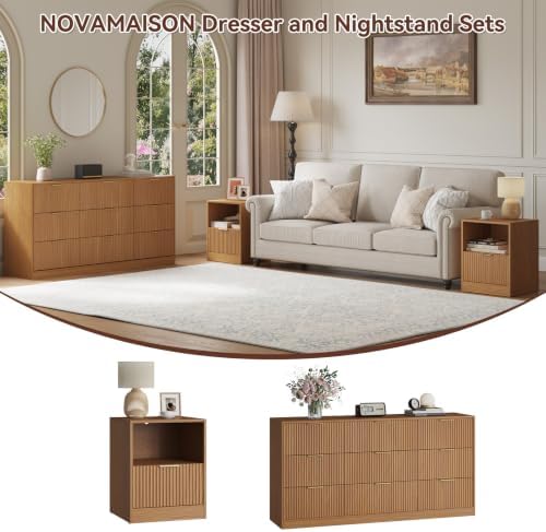 3Pcs 9 Drawer Dresser and 1-Drawer Nightstand Set, Natural Wood丨63 Wide Fluted Bedroom Dresser Set Night Stand Set of 2, Modern Wood Chest of Drawers Storage Dressers Set for Bedroom