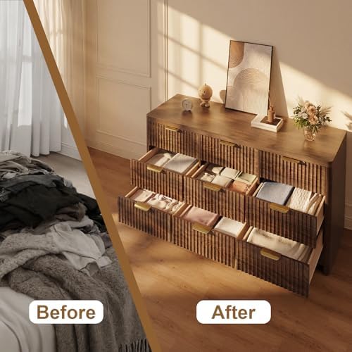 Fluted 9 Drawer Dresser for Bedroom, 59" Horizontal Wide Modern Low Profile Chest of Drawers with Metal Handle & Storage, Long Wooden Dresser TV Stand for Living Room & Closet, Walnut Brown Dresser