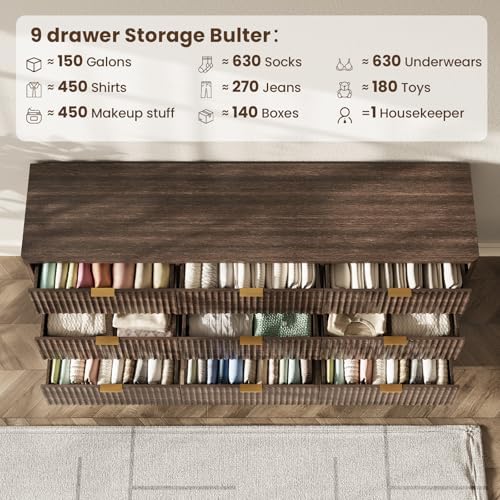 63" Wide Fluted 9 Drawers Dresser for Bedroom,Curved Edge,Walnut