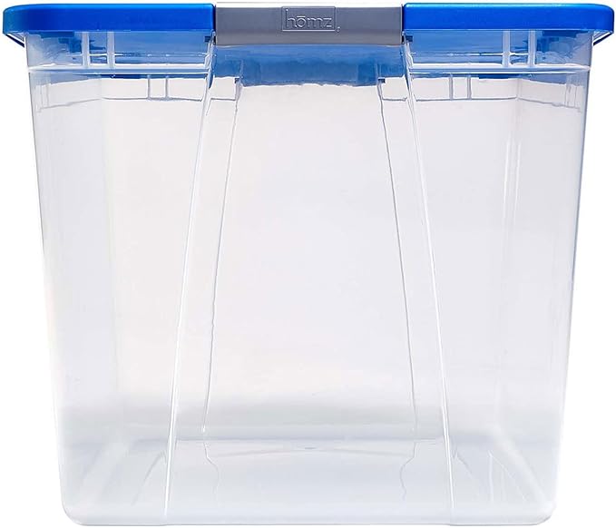 HOMZ 2-Pack Secure Latch, Clear Plastic Storage Organizer Bins, 64 Quart, Blue Lid - Stackable Container Boxes for Bedroom, Bathroom, Garage, and Office Organization