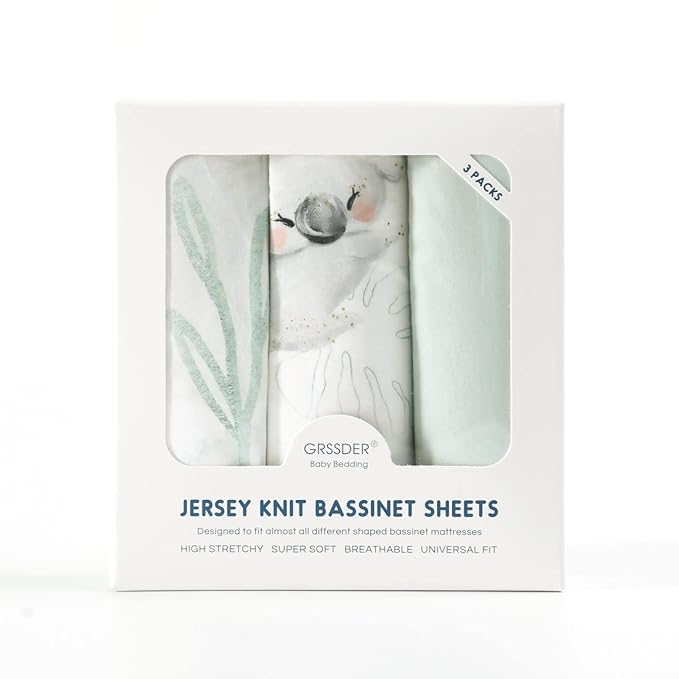 GRSSDER Stretch Ultra Soft Fitted Bassinet Sheets 3 Pack, Universal Fit for Bassinets Baby Cradle Moses Basket Oval Rectangle Mattress Safe and Snug, Stylish Watercolor Animals for Baby, Mint Green