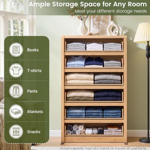 55.6” Tall Dresser with 6 Drawers, Natural Dresser & Chest of Drawers, Wooden Dresser for Bedroom, Living Room, Hallway, Wood Drawer Organizer, Front Curved & Handleless Design