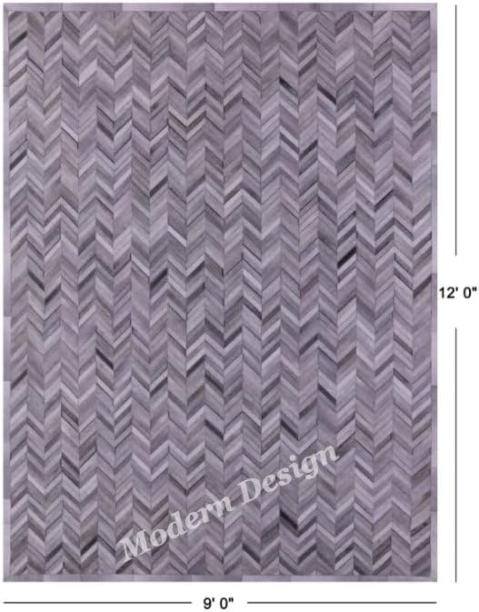 Modern Design Premium Cowhide Leather Carpet with Chevron Pattern, Area Rug (Natural Multi Grey, 9x12)