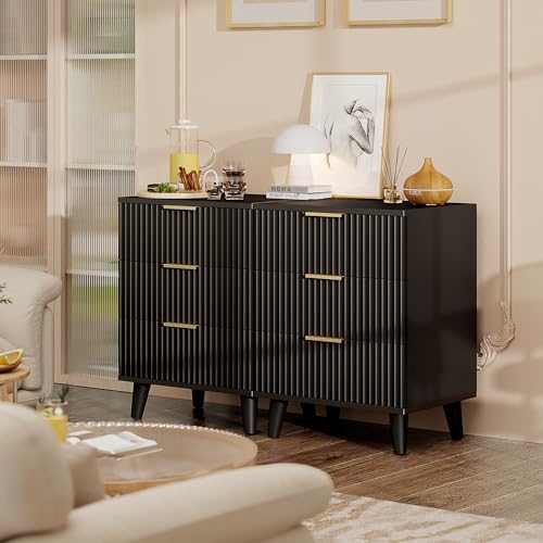 3 Drawers Nightstands Set of 2 w/Charging Station, Modern Fluted Dresser