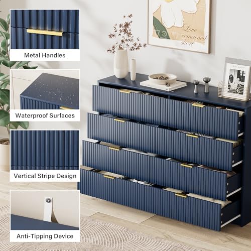 Furniway Navy Blue Dresser for Bedroom, Modern Dresser with 8 Drawers and Smooth Slides, Wide Chest of Drawers with Golden Handles for Bedroom, Closet, 15.7" D x 55" W x 37.4" H