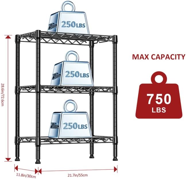 IZEUK 3-Tier Steel Storage Shelves, Heavy Duty Metal Shelf Wire Shelving Rack for Pantry, Kitchen, Living Room, or Office Organization (21.7" W x 11.8" D x 28.6" H, 750LBS, Black)