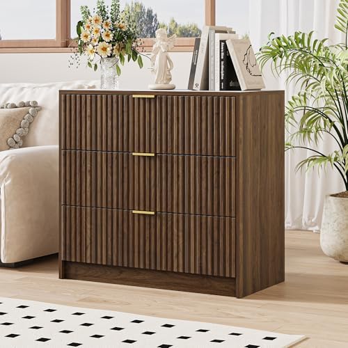 MAISONARIA Fluted Dresser for Bedroom, 32 Inch Wide Nightstand with Large Drawer, 3 Drawer End Table for Bedroom, Living Rooms, Offices, and Entryways, Walnut
