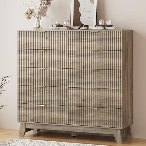 Xixini Fluted Dresser for Bedroom with 10 Drawers, 48" Wide Modern Chest of Drawers with Metal Handle, Wooden Dresser TV Stand, Wood Closet Clothes Storage Organizer for Living Room, Hallway, Grey