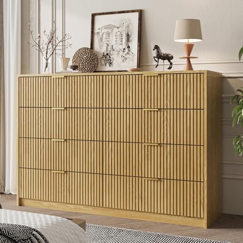 MAISONARIA Dresser for Bedroom, 8 Drawer Double Dresser, Modern Chest of Drawers for Bedroom, Living Room, Entryway and Closet, 15.7" D x 55" W x 37.4" H, Natural