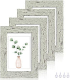 Hongkee 5x7 Picture Frame Set of 4, Made of Real Glass and Sage Green Wooden Frame, 5 by 7 Photo for Wall or Tabletop - Display Picture 4x6 with Mat or 5x7 Without Mat