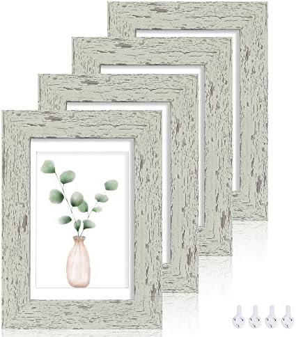 Hongkee 5x7 Picture Frame Set of 4, Made of Real Glass and Sage Green Wooden Frame, 5 by 7 Photo for Wall or Tabletop - Display Picture 4x6 with Mat or 5x7 Without Mat