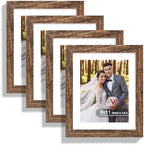 Hongkee 9x11 Picture Frame Set of 4, Made of Real Glass and Rustic Brown Frame - Display Picture 7x9 with Mat or 9x11 Without Mat, 9 by 11 Photo for Wall or Tabletop
