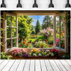 Spring Summer Garden Window Backdrop for Photography Floral Nature Landscape Photo Background Flowers and Trees Vibrant Flowers Party Decorations Banner Wedding Baby Shower Party Supplies 7x5ft - size: 7x5ft