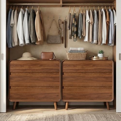 Nasonet 3 Drawer Dressers for Bedroom, Mid Century Modern Chests of Drawers, Curved Dresser with Storage Drawer, Wooden Bedroom Furniture Drawer for Closet, Home Office, Walnut
