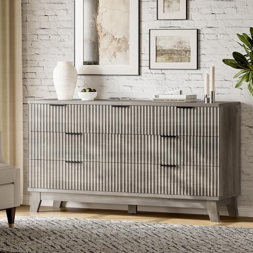 Xixini Fluted Dresser with 7 Drawers, 58" Wide Modern Chest of Drawers with Metal Handle, Wooden Dresser TV Stand, Wood Closet Clothes Storage Organizer for Bedroom, Living Room, Hallway, Light Grey