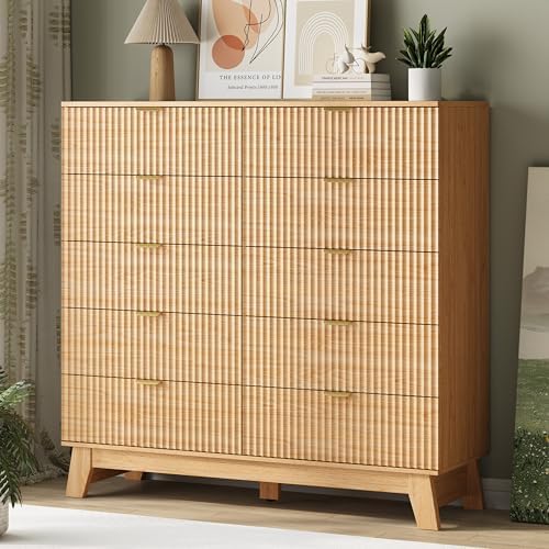 Fluted Dresser for Bedroom with 10 Drawers, 48" Wide Modern Chest of Drawers with Metal Handle, Wooden Dresser TV Stand, Wood Closet Clothes Storage Organizer for Living Room, Hallway, Natural Oak