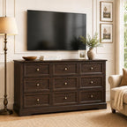 LOUVIXA Farmhouse Dresser 9 Drawer, Bedroom Chest of Drawers, Dressers with 9 Drawers, Wooden Dressers for Bedroom, Living Room, Tv Stand, Entryway(Vintage Brown)