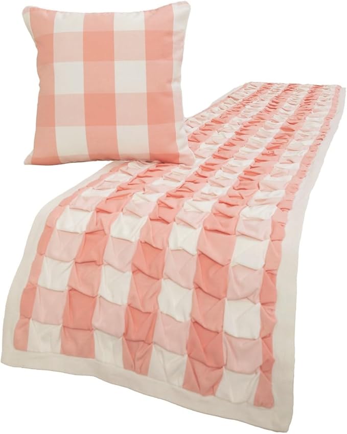 The HomeCentric King/Queen/Twin Peach Pink Decorative Full 68"x18" Bed Runner with 2 Pillow Cover, Textured & Buffalo Checks Bed Scarf on Cotton Fabric - Buffalo Plaid Peach