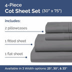 Cot Sheet Set 30” x 75” – 4 Piece Cot Size Narrow Twin Mattress Sheets – Ideal for Camper Bunk, RVs, Bunks, Day Care & Camping - Fits 6” to 10” Mattress, Ultra-Soft, Breathable & Cooling - Dark Grey