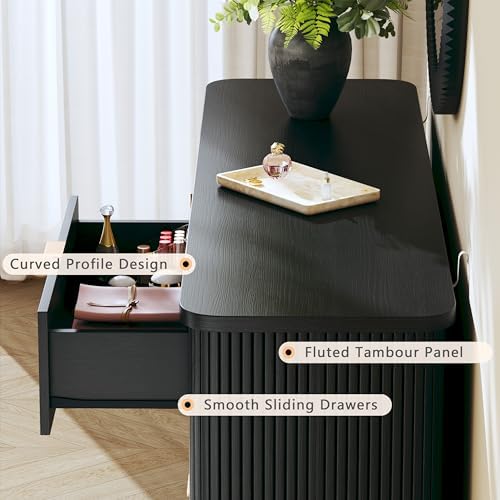 HUAHUU Fluted 6 Drawers Dresser for Bedroom, 55" Mid Century Modern & Chests of Drawers, Curved Profile Design, TV Stand, Wood Storage Dresser for Entryway, Hallway, Black