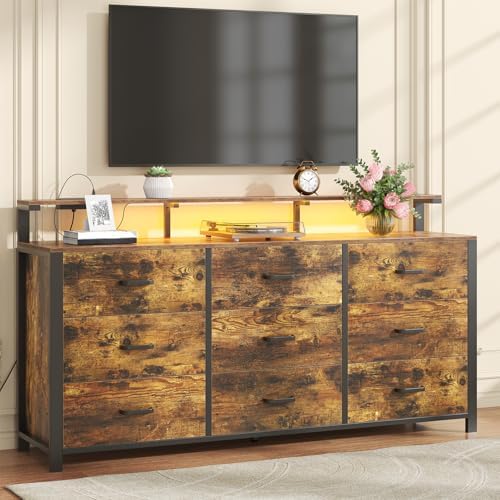 63'' Rustic Brown Dresser for Bedroom, 9 Drawer Dresser with Power Outlet and Led Lights, Bedroom Furniture with Wooden Drawer and Metal Frame, TV Stand with Deep Drawer Storage