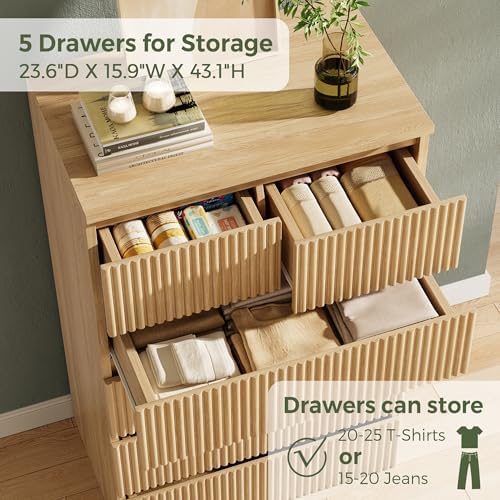 Jocoevol Fluted 6 Drawer Dresser for Bedroom, Modern Wood Chest of Drawers, Tall Storage Dresser with Deep Drawers, Handleless Floor-Standing Dresser for Bedroom, Living Room, Entryway, Natural Oak