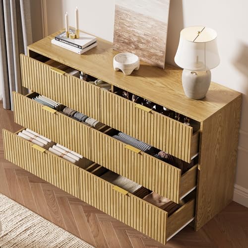 MAISONARIA 6 Drawer Dresser for Bedroom, 55" Wide Modern Chest of Drawers with Gold Metal Handles, Fluted Wood TV Stand for Living Room, Hallway, Natural