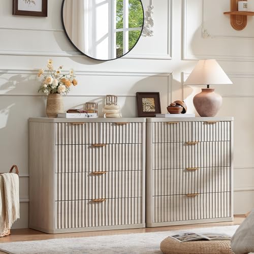 LEYAOYAO Fluted 5 Drawers Dresser for Bedroom, 34" Tall Modern Chest of Drawers with Metal Handle, Curved Profile Design,Light Grey Wood Drawer Organizer for Bedroom, Living Room, Hallway, Entryway