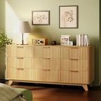 Bonnlo Fluted Dresser,57" Fluted Wide Modern Dresser with Metal Handle, Chest of Drawers, Curved Profile Design, Wood 9 Drawer Organizer for Bedroom, Natural Oak