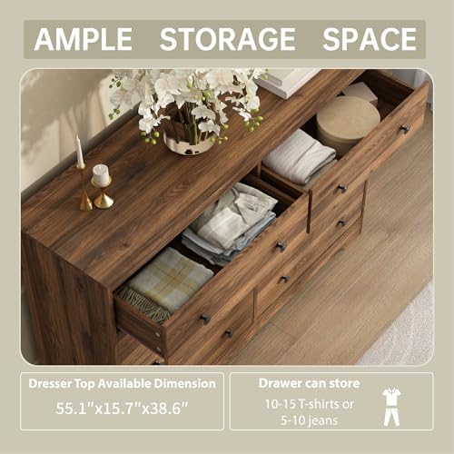 Dresser for Bedroom, 8 Drawer Dresser with Large Drawers, 51 Inch Wide Wood Chest for Living Room, Hallway, Walnut