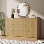 MAISONARIA 6 Drawer Dresser for Bedroom, 55" Wide Modern Chest of Drawers with Gold Metal Handles, Fluted Wood TV Stand for Living Room, Hallway, Natural