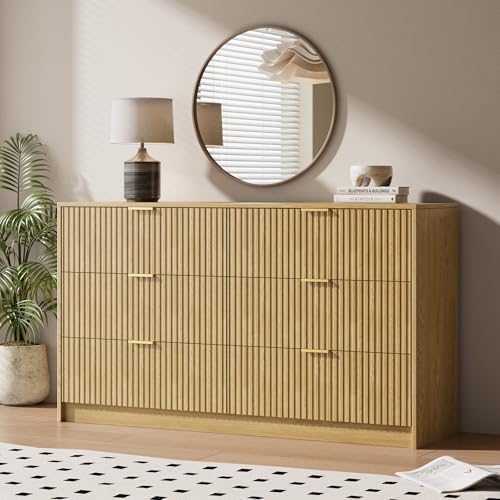 MAISONARIA 6 Drawer Dresser for Bedroom, 55" Wide Modern Chest of Drawers with Gold Metal Handles, Fluted Wood TV Stand for Living Room, Hallway, Natural