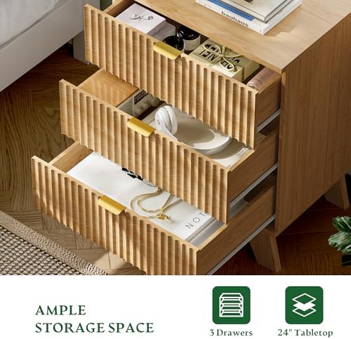 Xixini Fluted Nightstand with Charging Station, Tall Bedside Table, Oak