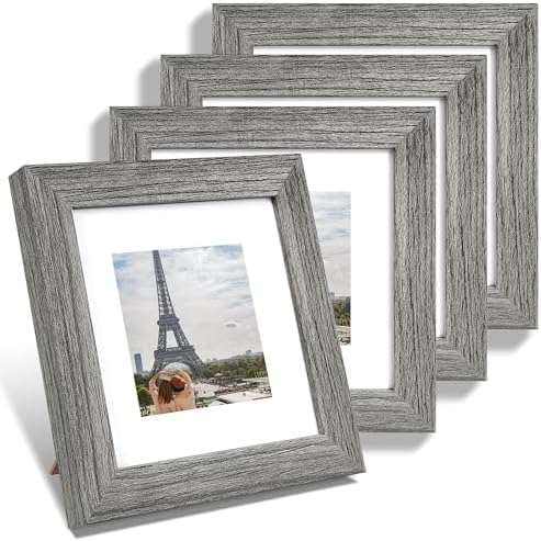 Hongkee 6x6 Picture Frame Set of 4, Made of Glass and Grey Wooden Frame - Display Picture 4x4 with Mat or 6 x 6 Without Mat, 6x6 Photo for Wall or Tabletop