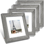 Hongkee 6x6 Picture Frame Set of 4, Made of Glass and Grey Wooden Frame - Display Picture 4x4 with Mat or 6 x 6 Without Mat, 6x6 Photo for Wall or Tabletop