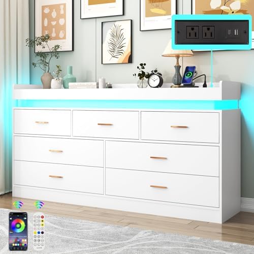 Hlivelood 7 Drawer Dresser with LED Light and Charging Station, Modern Chest of Drawers for Closet, Wide Drawer Organizer Cabinet for Bedroom, Living Room, Entryway, Hallway, White