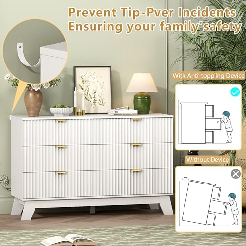 Wodeer 6 Drawer Fluted Dresser for Bedroom, Mid Century Modern Dresser with 6 Drawers, Dressers & Chests of Drawers with Metal Handle, TV Stand & Storage Organizer for Entryway, Hallway, White