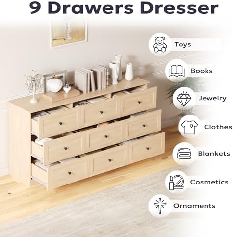 Furnify 9 Drawer Dresser, 59" Wide Dresser for Bedroom, Modern Large Chest of Drawers, TV Stand for 65 inch, Storage Organizer with Metal Handles for Bedroom, Living Room, Hallway, Natural