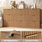Natural Wood Dresser with 9 Drawer 63" Wide Fluted Dresser for Bedroom丨Long Dresser Modern Chest of Drawers with Gold Handle, Wood TV Stand Storage Organizer for Bedroom, Living Room, Natural Wood