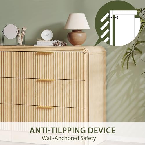 Decofy 55" W Fluted 6-Drawer Dresser for Bedroom,Natural Oak