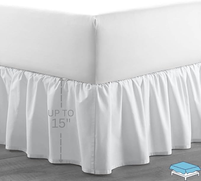 Ruffle Bed Skirt with Split Corners, Microfiber Dust Ruffled for a Perfectly Tailored Bedding Ensemble, Wrinkle and Fade Free, Easy Fit, Full Size 15 Inch Drop, White