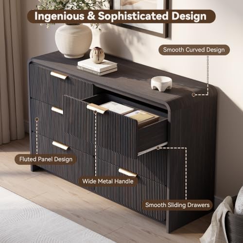 47" Fluted 6 Drawer Dresser for Bedroom, Living Room, Entryway Black Walnut