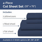 Cot Sheet Set 33” x 75” – 4 Piece Cot Size Twin Mattress Sheets – Ideal for Camper Bunk, RVs, Bunks, Day Care, Camping & Guest Beds - Fits 6” to 10” Mattress - Comdy, Breathable & Cooling - Navy Blue