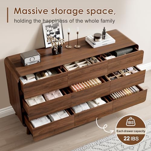 Nasonet 9 Drawer Dresser for Bedroom, 55'' Wide Mid Century Modern Wood Chest of Drawers, Large Storage Drawer Dresser TV Stand, Walnut
