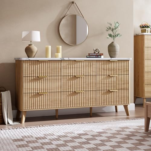 GarveeHome Fluted Dresser for Bedroom with 9 Deep Drawers, Natural Oak