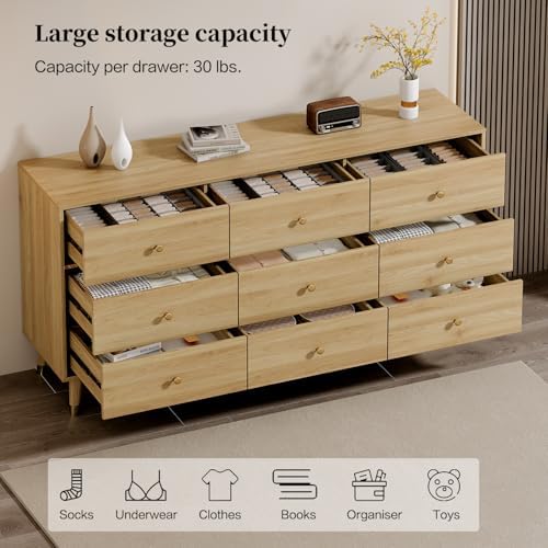 Chrangmay 9 Drawer Dresser,63" Wide Mid Century Modern Chest of Drawers,Wooden Bedroom Drawer Dresser with 9 Storage Drawers for Bedroom, Living Room,with Anti-Tipping Device,Natural