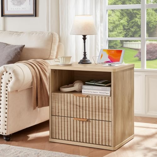 LEYAOYAO Fluted Nightstand Set of 2 with Charging Station,23" Modern Nightstand with Wood Grain Top, 2 Drawer End Table w/Storage, BedsideTable for Bedroom, Living Room, Natural