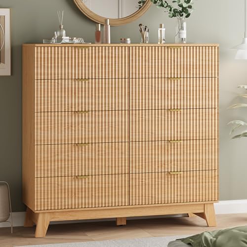 Fluted Dresser for Bedroom with 10 Drawers, 48" Wide Modern Chest of Drawers with Metal Handle, Wooden Dresser TV Stand, Wood Closet Clothes Storage Organizer for Living Room, Hallway, Natural Oak