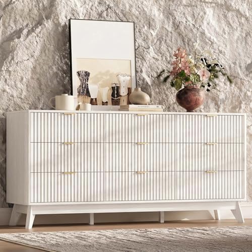 63" Wide Fluted 9 Drawers Dresser for Bedroom,Curved Edge,White